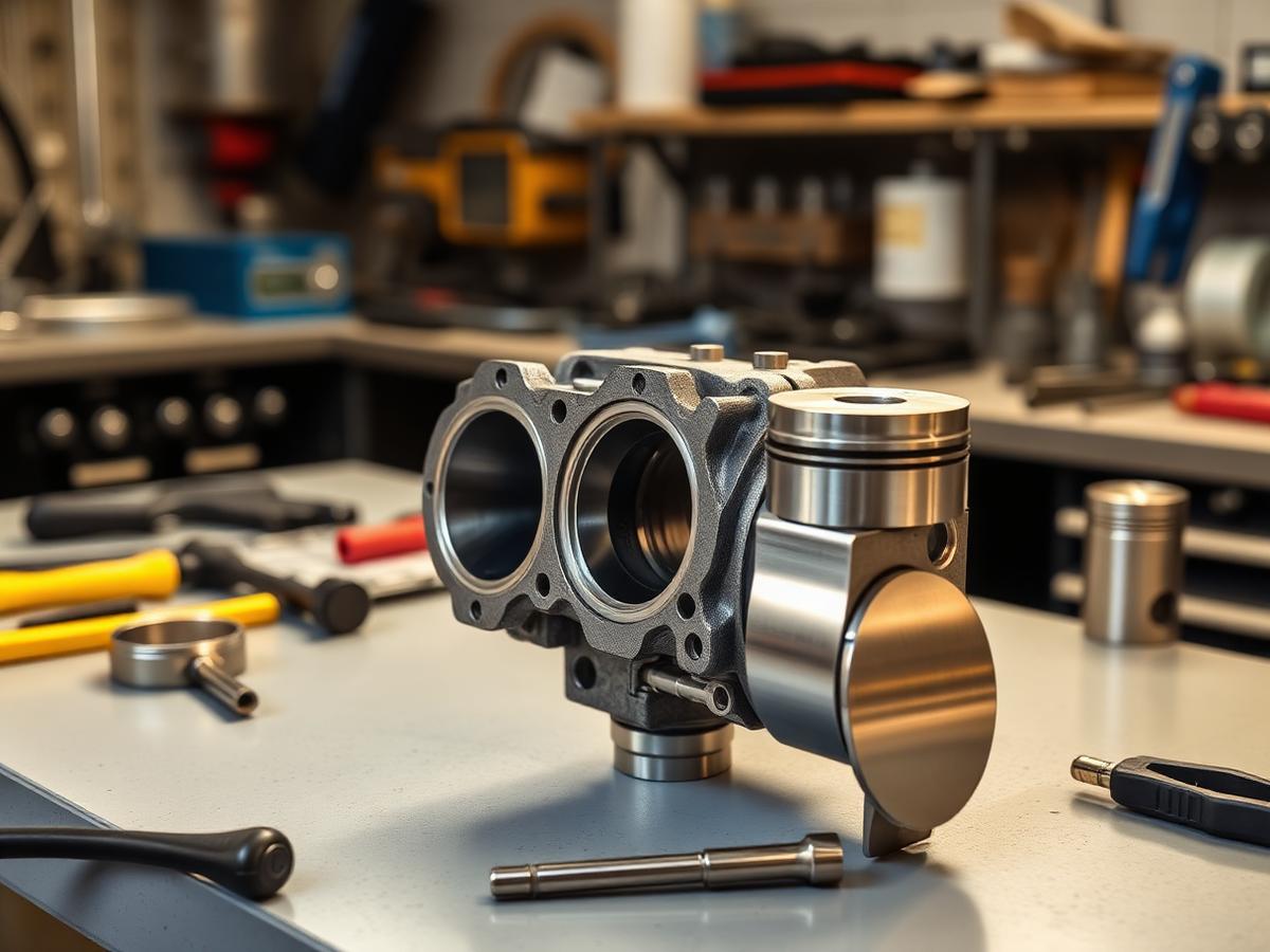 Rebuilt small engine components on a workbench