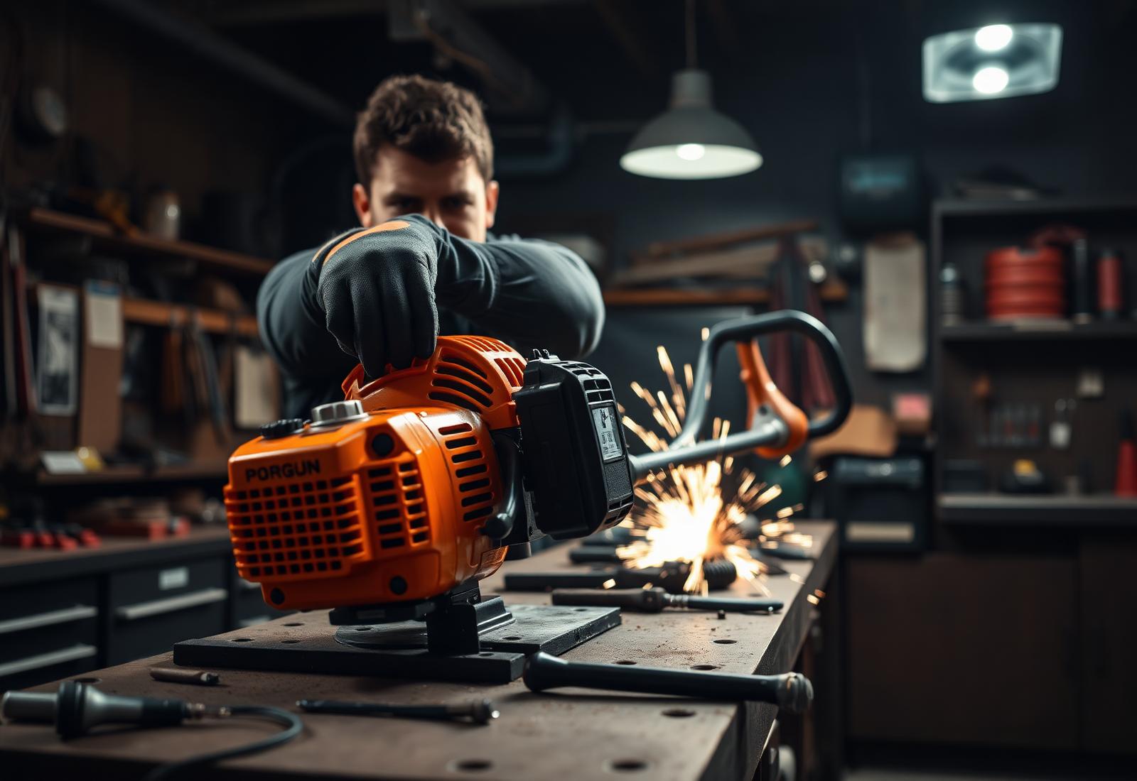 Mechanic repairing a small engine in the González Machine Repair workshop
